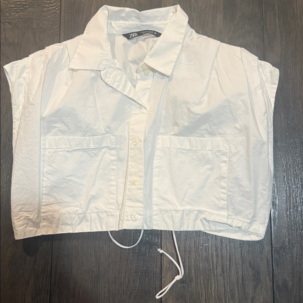 Zara White Cropped Shirt with Drawstring